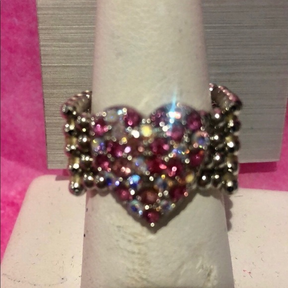 Pink & Aurora Borealis Crystal Heart Stretch Ring-One Size Fits Most-NWT - Picture 2 of 7
